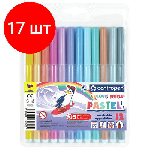 Комплект 17 шт, Фломастеры Centropen Colour World. Pastel, 12цв, 2мм, смываемые, блистер фломастеры 12цв pastel блистер centropen