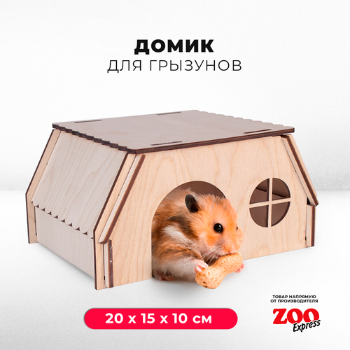 Домик ZOOexpress с плоской резной крышей для грызунов, хомяков, крыс и мышей, деревянный, 20х15х10 см