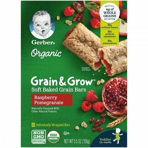 Gerber, Organic, Grain & Grow, батончики из мягкого запеченного зерна, от 12 месяцев, малиновый гранат, 8 батончиков в индивидуальной упаковке, 19 г (0,68 унции) каждый