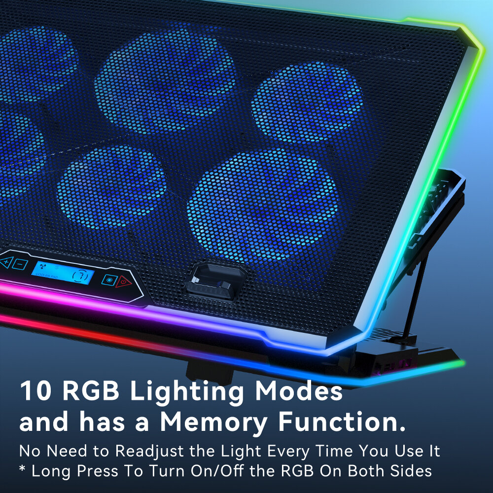 Регулируемая подставка для игровых ноутбуков, 6 вентиляторов, RGB LED подсветка, 10 углов наклона, держатель для смартфона, 2 USB , для экрана 13"-19" — фото 5