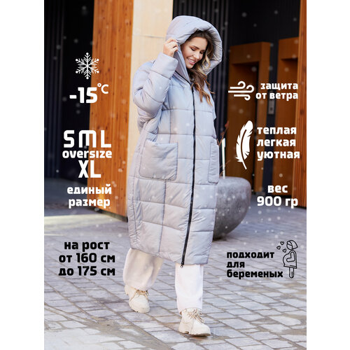 фото Куртка женская зимняя с капюшоном, удлиненная, оверсайз, размер onesize, серый тыideal