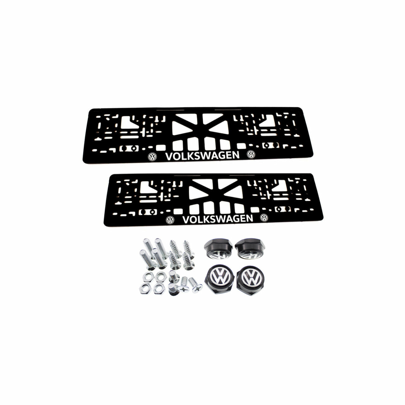 Комплект: пластиковая рамка для гос. номера Volkswagen 2шт. плюс болты для номерных знаков Volkswagen черные 4шт.