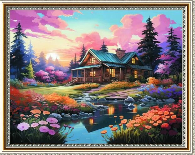 Алмазная мозаика на подрамнике 40х50 см пейзаж домик деревня HWA 5614