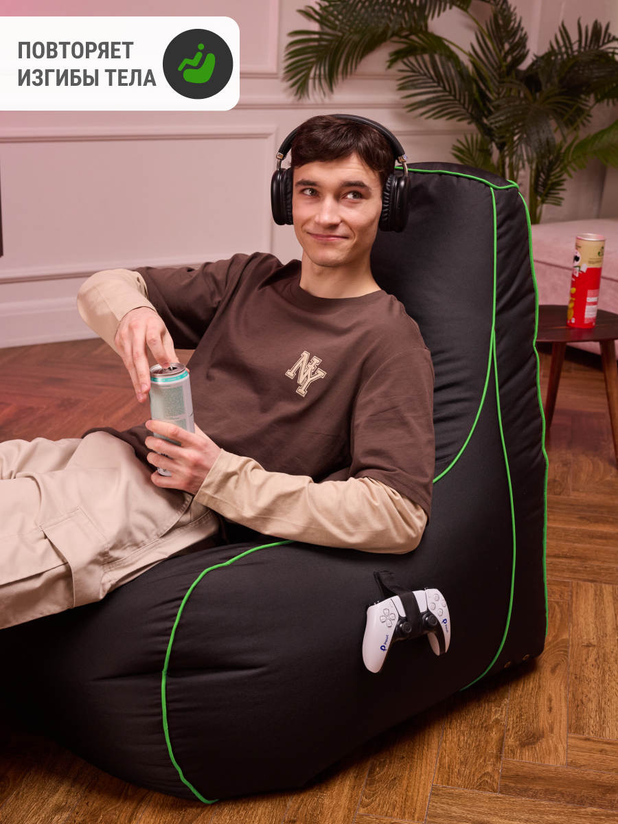 Изображение Игровое кресло MyPuff Геймер, бескаркасное кресло 5XL, оксфорд, черно-салатовый