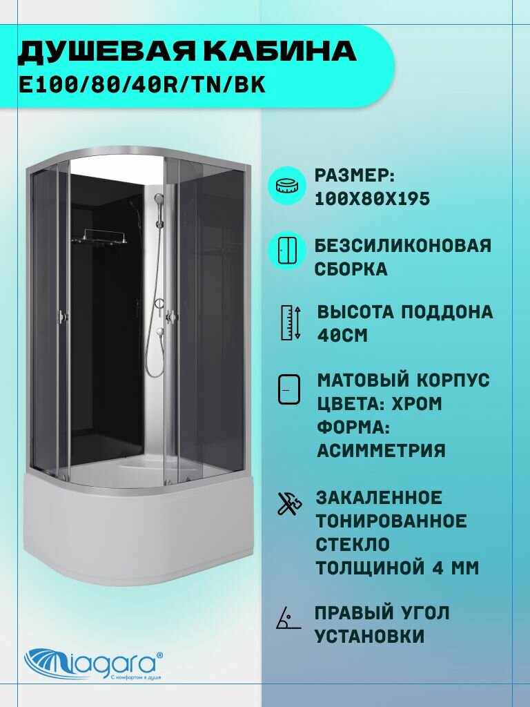 Душевая кабина Niagara Eco E100/80/40R/TN/BK (100х80х195) высокий поддон(40см) стекло тонированное4 места