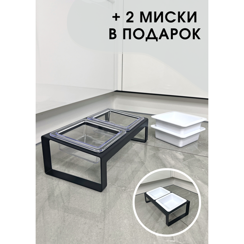 Миска для животных, кошек, собак двойная черная, сменные миски в комплекте
