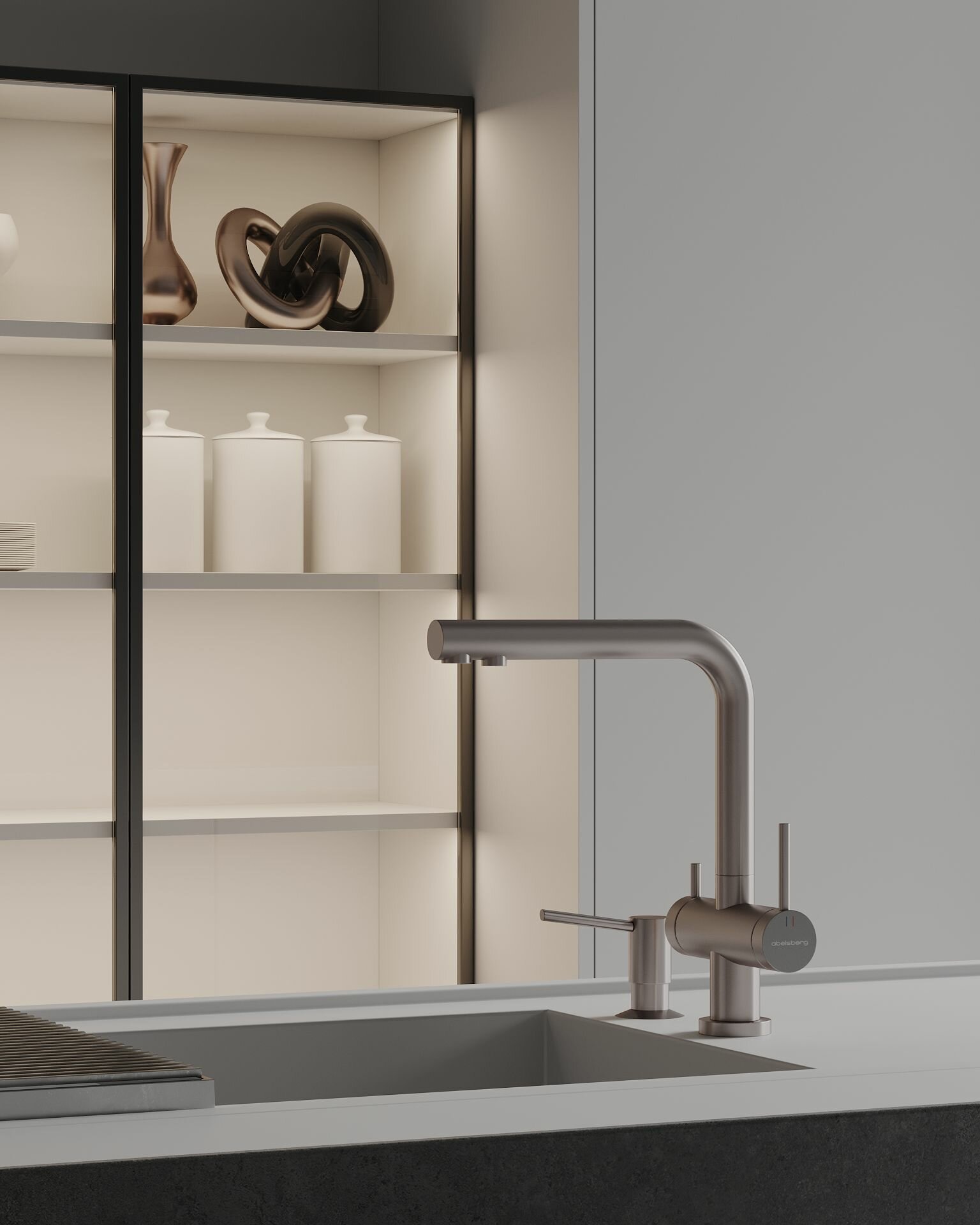 Смеситель для кухни Abelsberg Pura OTF70709BN c вытяжным изливом и возможностью подключения фильтра для воды, цвет титан, PVD покрытие