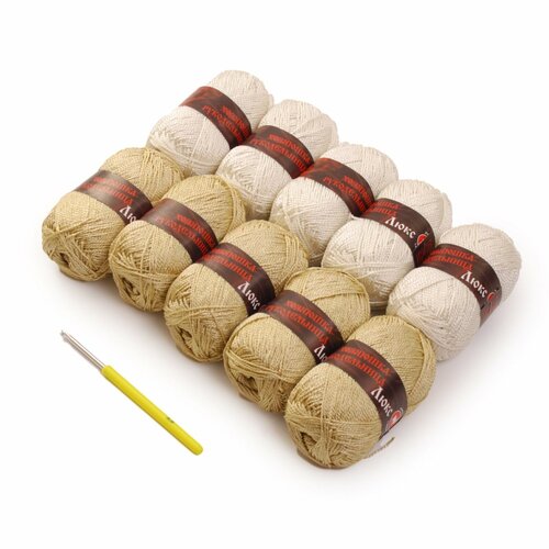 Пряжа Хозяюшка-рукодельница Люкс, 50 г/140м, дуэт 5+5 шт золото/золотой меланж + крючок №3.5