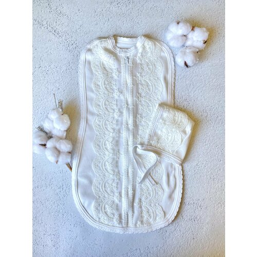 Кокон для пеленания новорожденного на молнии с чепчиком кружевной молочный Малышеево