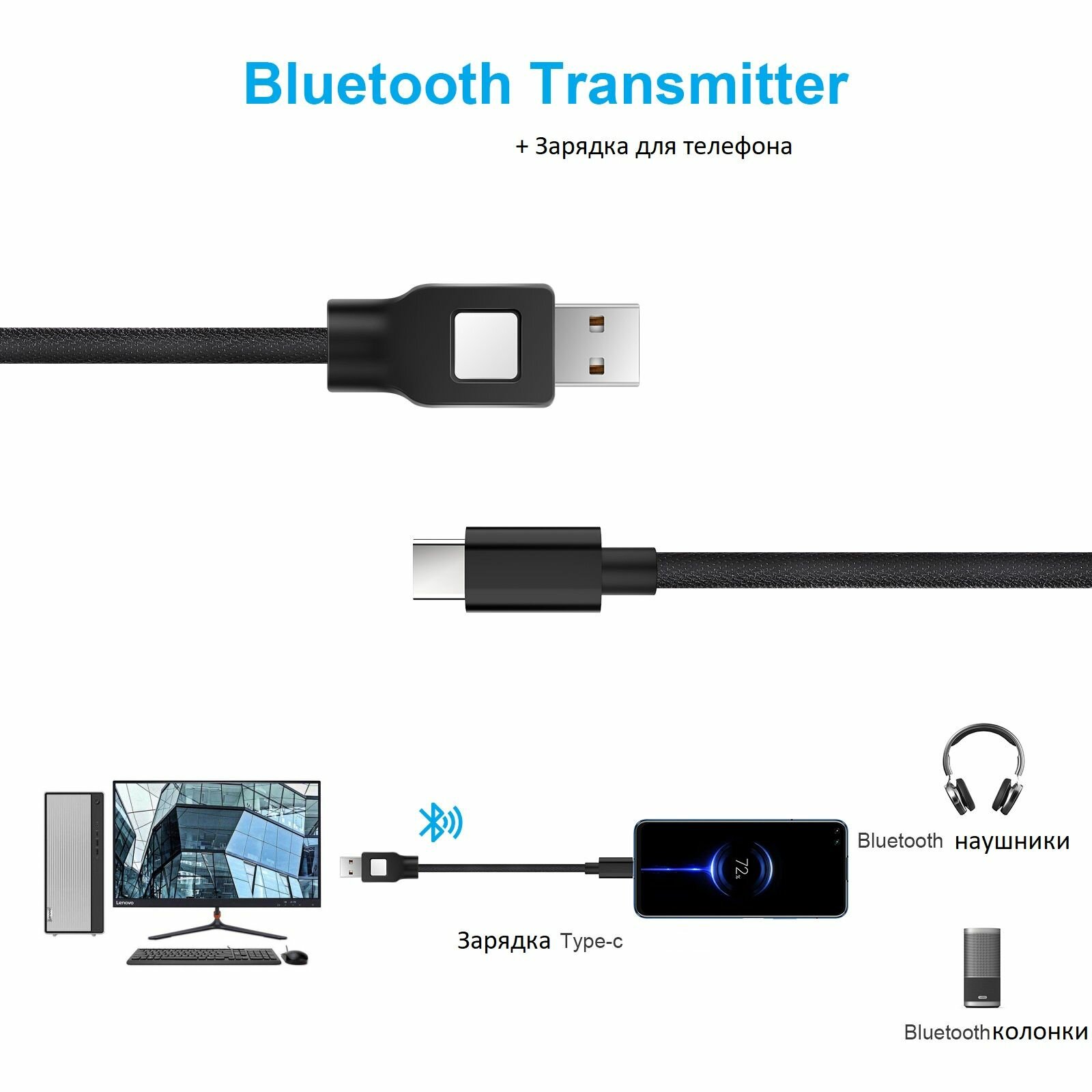 Адаптер, кабель Type-c-USB 1 метр 2 в 1: зарядка и Bluetooth передатчик-трансмиттер на наушники или колонки