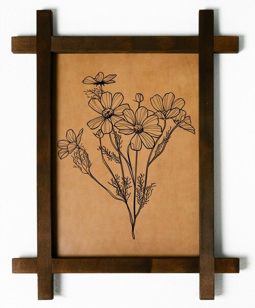 Картина Космея, гравировка на натуральной коже, интерьерная для украшения и декора на стену в деревянной раме, подарок, BoomGift