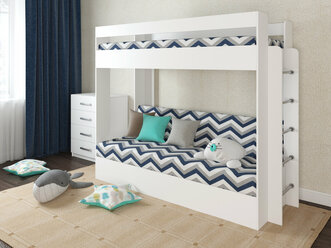 Кровать двухъярусная с диваном Есэндвич Лаворо, 110x209 см (Белый/Принт Lokky Blue)