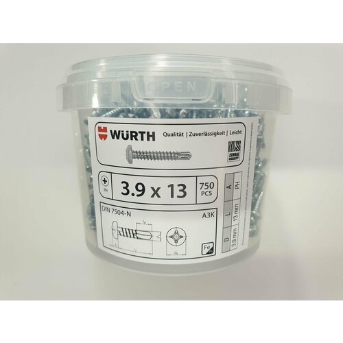 Саморез по металлу DIN 7504-N 3.9x13 PH (750 pcs) WURTH, Германия