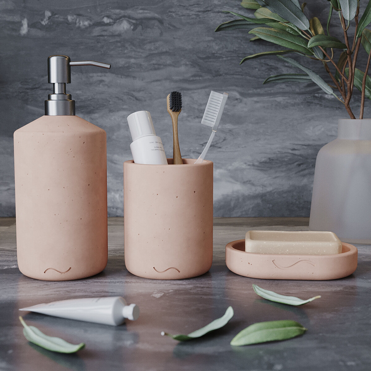 фото Набор для ванной комнаты Astrid 30 (дозатор с помпой металлик, стакан, мыльница), бетон, белый матовый