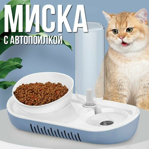 Миска с автопоилкой для кошек и собак напольная / Автопоилка с подставкой / Цвет голубой