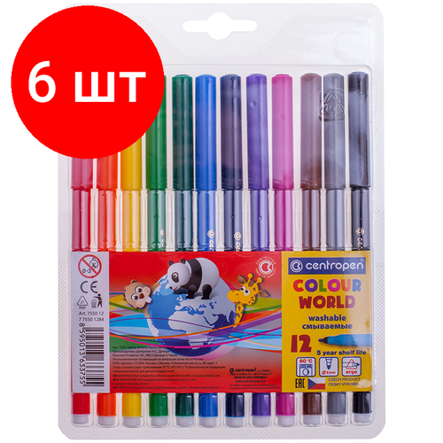 Комплект 6 шт, Фломастеры Centropen Colour World, 12цв, трехгранные, смываемые, блистер