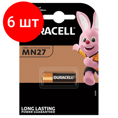 Комплект 6 шт, Батарейка Duracell MN27 (27A) 12V алкалиновая, 1BL батарейка алкалиновая duracell типоразмер mn27 12 в