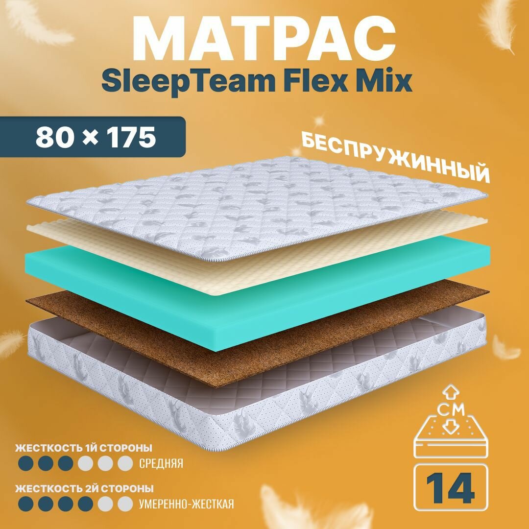 Матрас 65х125 беспружинный детский анатомический в кроватку SleepTeam Flex Mix умеренно жесткий 14 см двусторонний с разной жесткостью