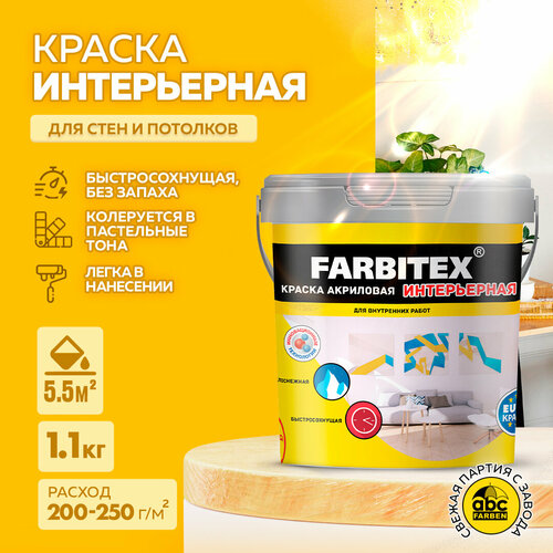 Краска акриловая Farbitex интерьерная матовая белый 1 л 1.1 кг краска акриловая farbitex жидкая резина влагостойкая матовая белый 1 кг