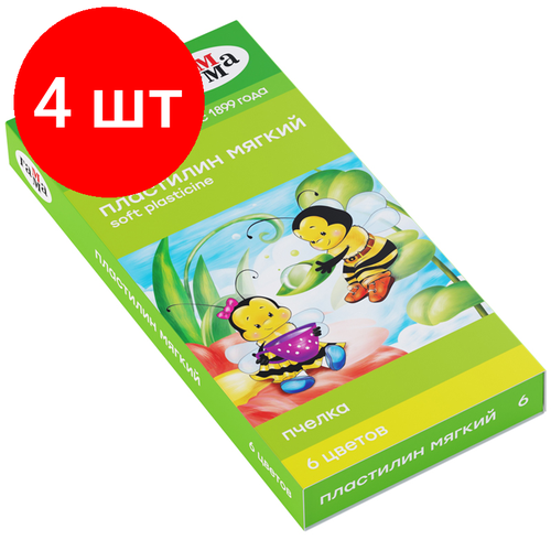 Комплект 4 шт, Пластилин восковой мягкий Гамма Пчелка, 06 цветов, 90г, со стеком, картон. упаковка пластилин гамма пчелка 06 цветов восковой со стеком картон европодвес