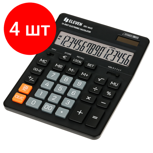 калькулятор eleven sdc 664s 339208 Комплект 4 шт, Калькулятор настольный Eleven SDC-664S, 16 разрядов, двойное питание, 155*205*36мм, черный