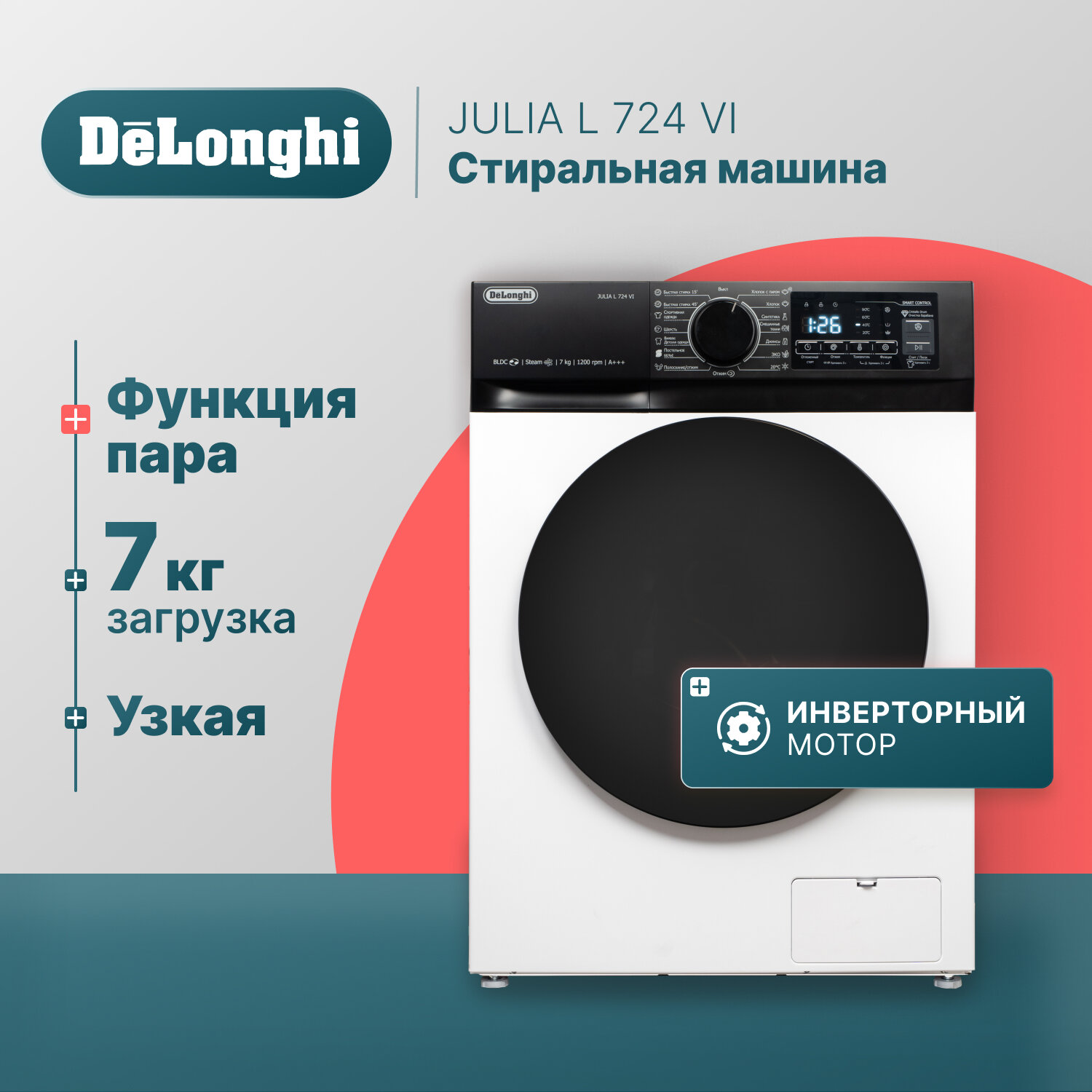 Стиральная машина DeLonghi JULIA L 724 VI 40 см 7 кг инверторный мотор отсрочка старта 15 программ с функцией пара