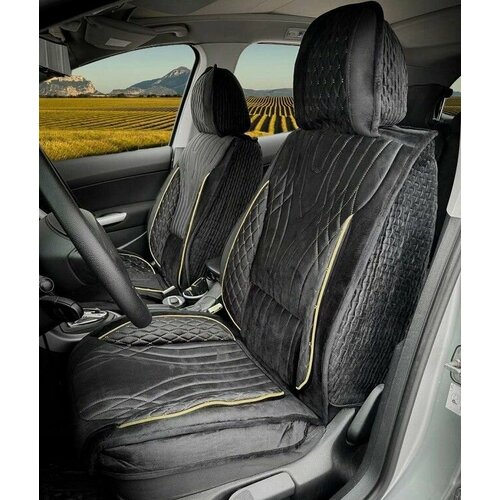 Комплект накидок на весь салон форма ромб микс PLUS, ткань велюр, закрытые бока, цвет черный, строчка бежевая