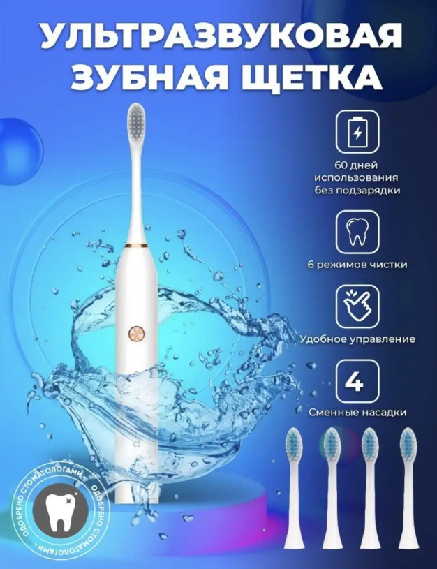 Ультразвуковая электрическая зубная щетка с 4 насадками и 6 уникальными режимами для взрослых и детей цвет розовый
