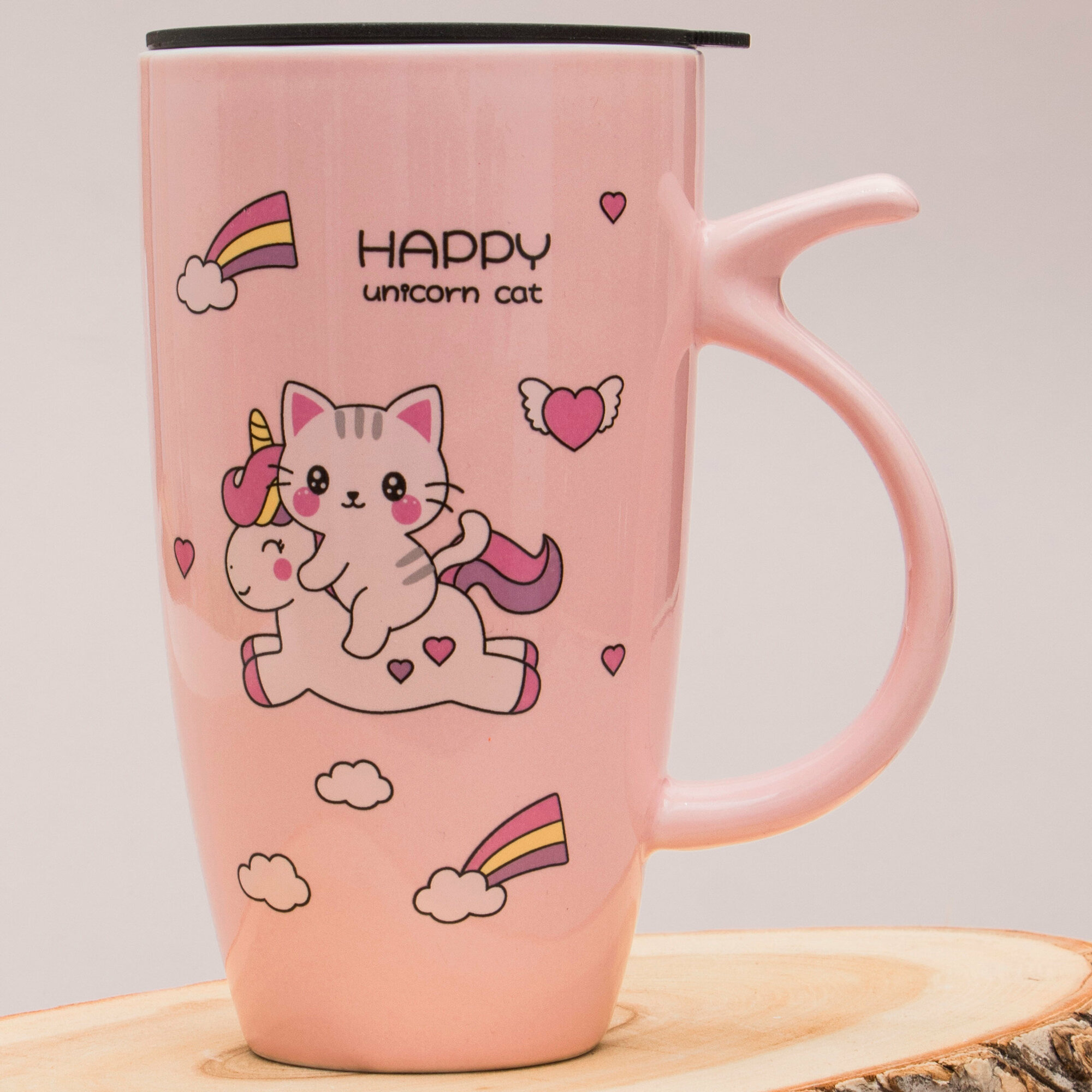 Кружка с крышкой Котик на Единороге (N 2) розовая Happy unicorn cat 590 мл Эврика, термокружка, высокая, женская, детская 14 февраля / 8 марта