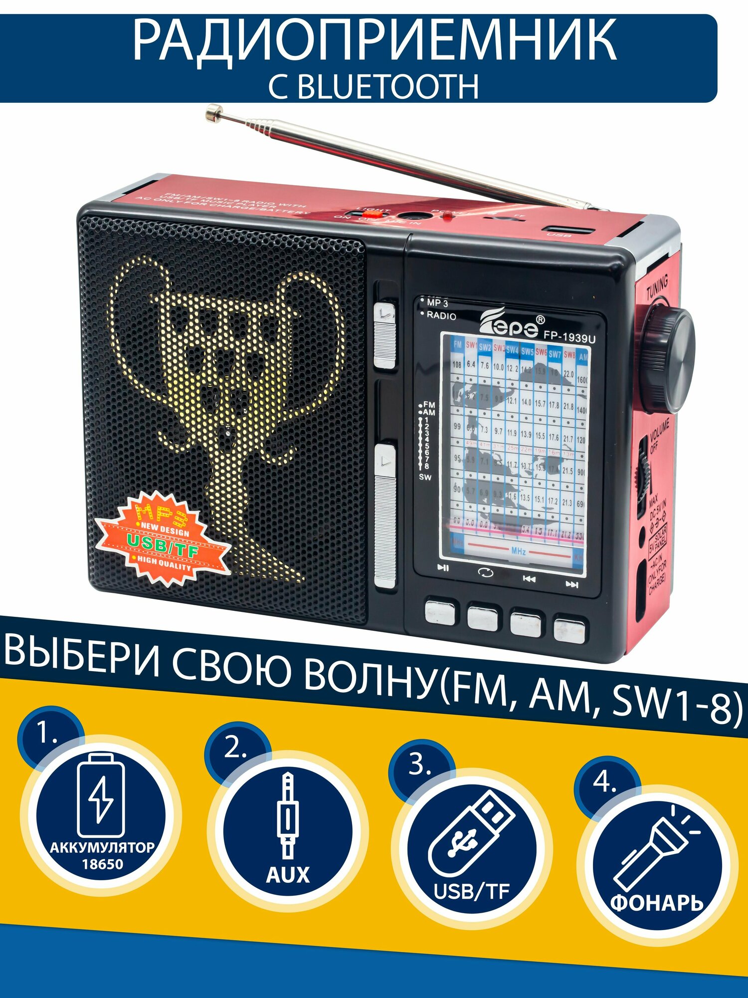 Радиоприемник FM, AM, SW1-SW8 с слотом USB/TF и MP3-Player