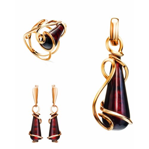 фото Комплект бижутерии: подвеска, кольцо, серьги, янтарь, размер кольца: безразмерное, бордовый amberhandmade