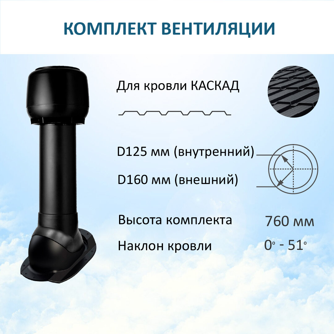 Комплект вентиляции: Колпак D160, вент. Выход высотой Н-700 утепленный, для скатной кровли Каскад, черный