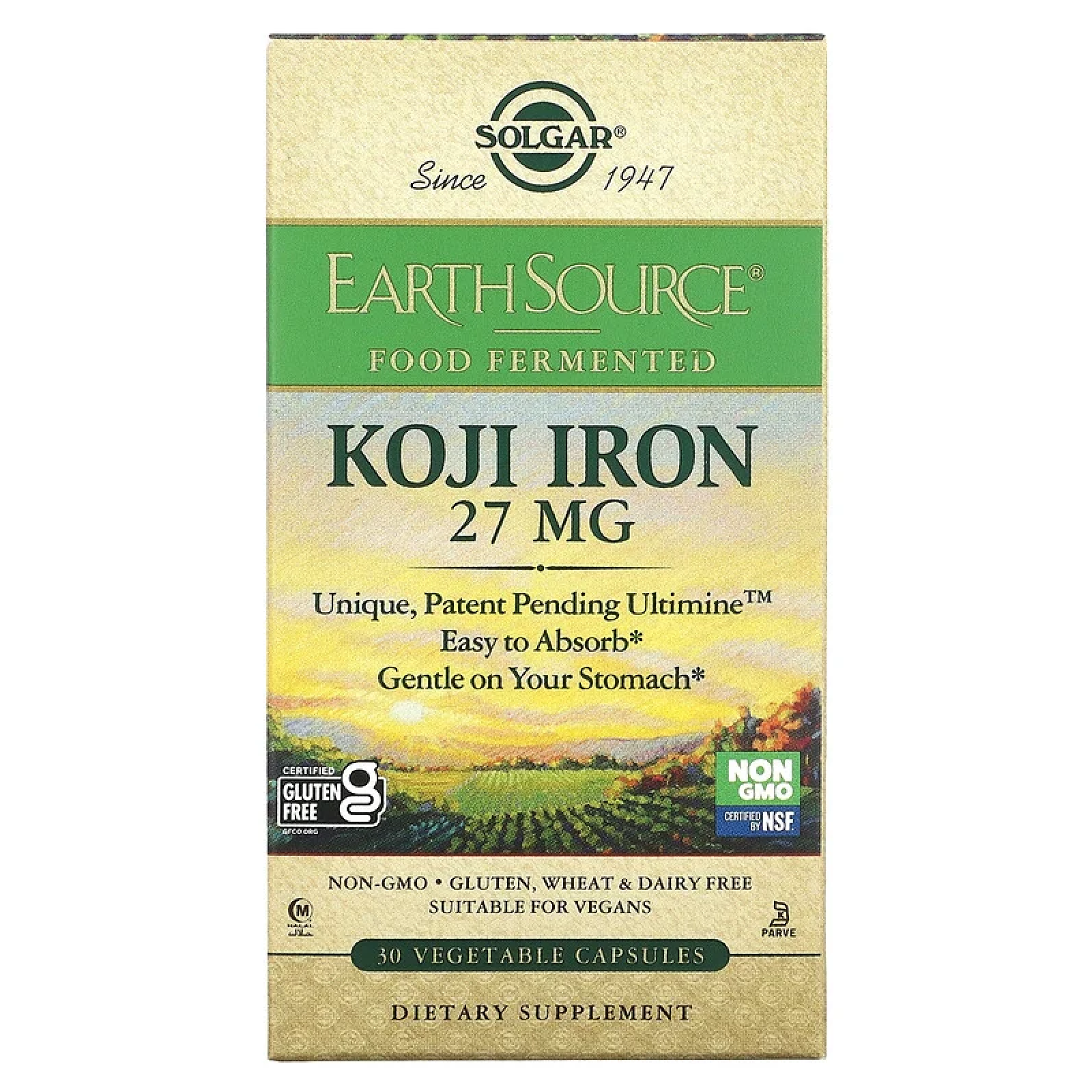 Solgar Железо 27 мг в ферментированной культуре Коджи / Koji Iron 27 mg Vegetable Capsules капсулы массой 585 мг 30 шт — фото 1