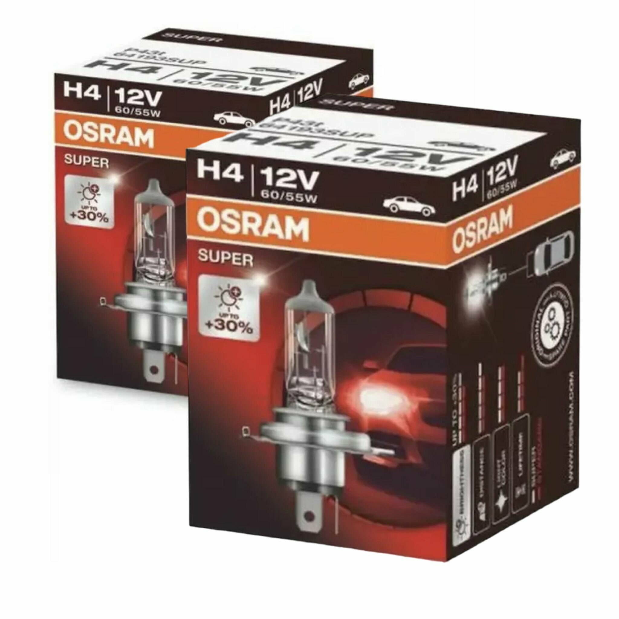 Автомобильная галогенная лампа Osram H4 +30 к мощности 55W галогенка тип патрона P43t лампа Осрам цоколь Н4 на ближний на дальний свет 2 шт