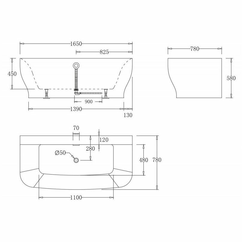 Акриловая ванна без перелива BelBagno BB74-1650-W0, 1650x780x590