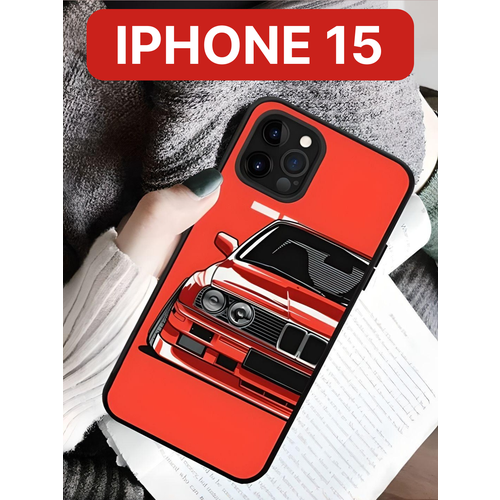 Защитный чехол на айфон 15 силиконовый противоударный бампер для Apple, чехол на iphone 15, машина, BMW, красный