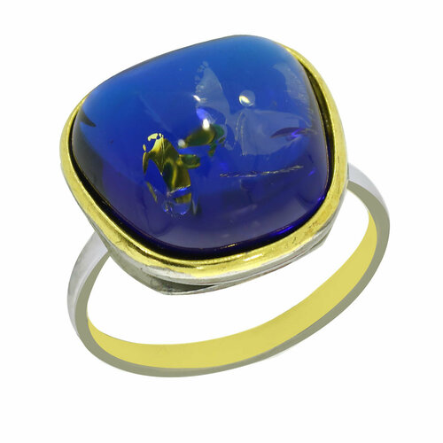 фото Кольцо diamant online, серебро, 925 проба, золочение, янтарь, размер 18, темно-синий
