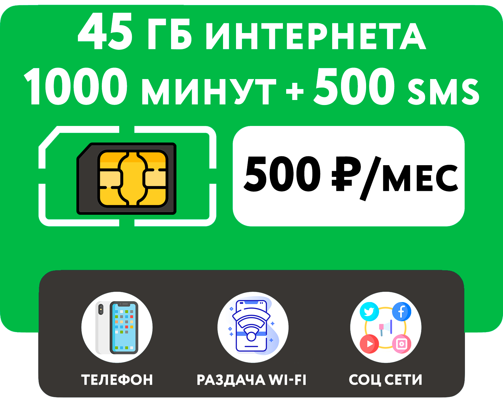 SIM-карта 1000 минут + 40 гб интернета 3G/4G + 500 СМС за 500 руб/мес (смартфон) + безлимит на мессенджеры (Москва и область)