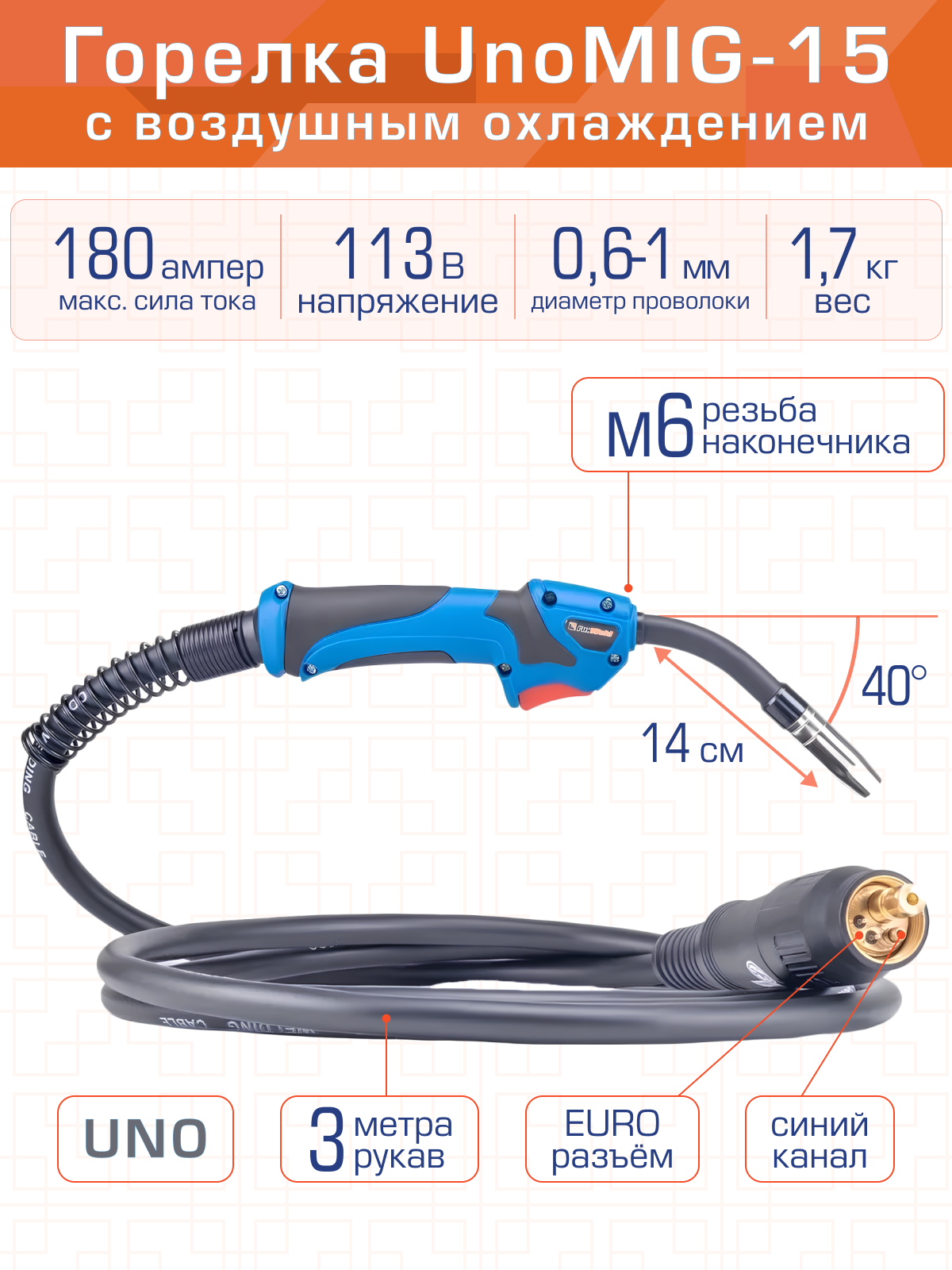 FoxWeld Горелка UnoMIG-15 3м шарнирная (180A, возд пр-во FoxWeld/КНР) — фото 2