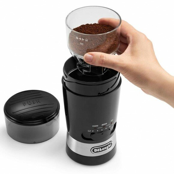 Кофемолка DeLonghi KG 210, ротационный нож, вместимость 90г, 3 степени помола, черный — фото 1