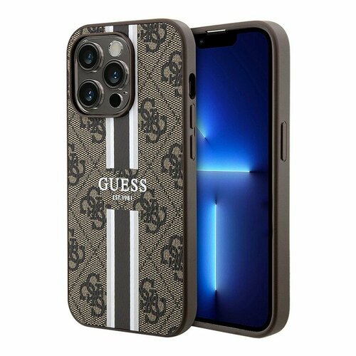 Guess для iPhone 15 Pro чехол из кожи PU 4G Stripes, коричневый (MagSafe)