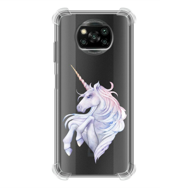 Полупрозрачный дизайнерский силиконовый с усиленными углами чехол для Xiaomi Poco X3 Прозрачные лошади и единороги