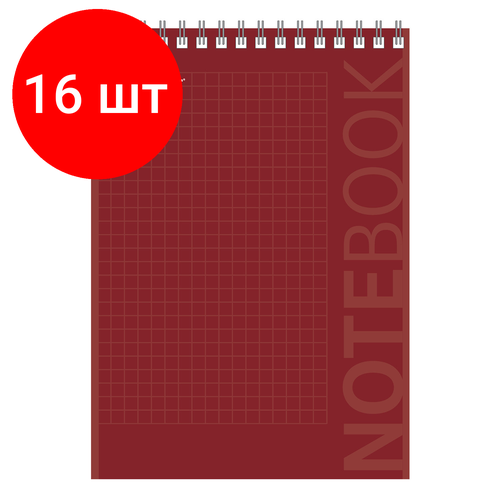 Комплект 16 шт, Блокнот А5 (146х205 мм), 80 л, гребень, картон, подложка, клетка, офисмаг, красный, 129869