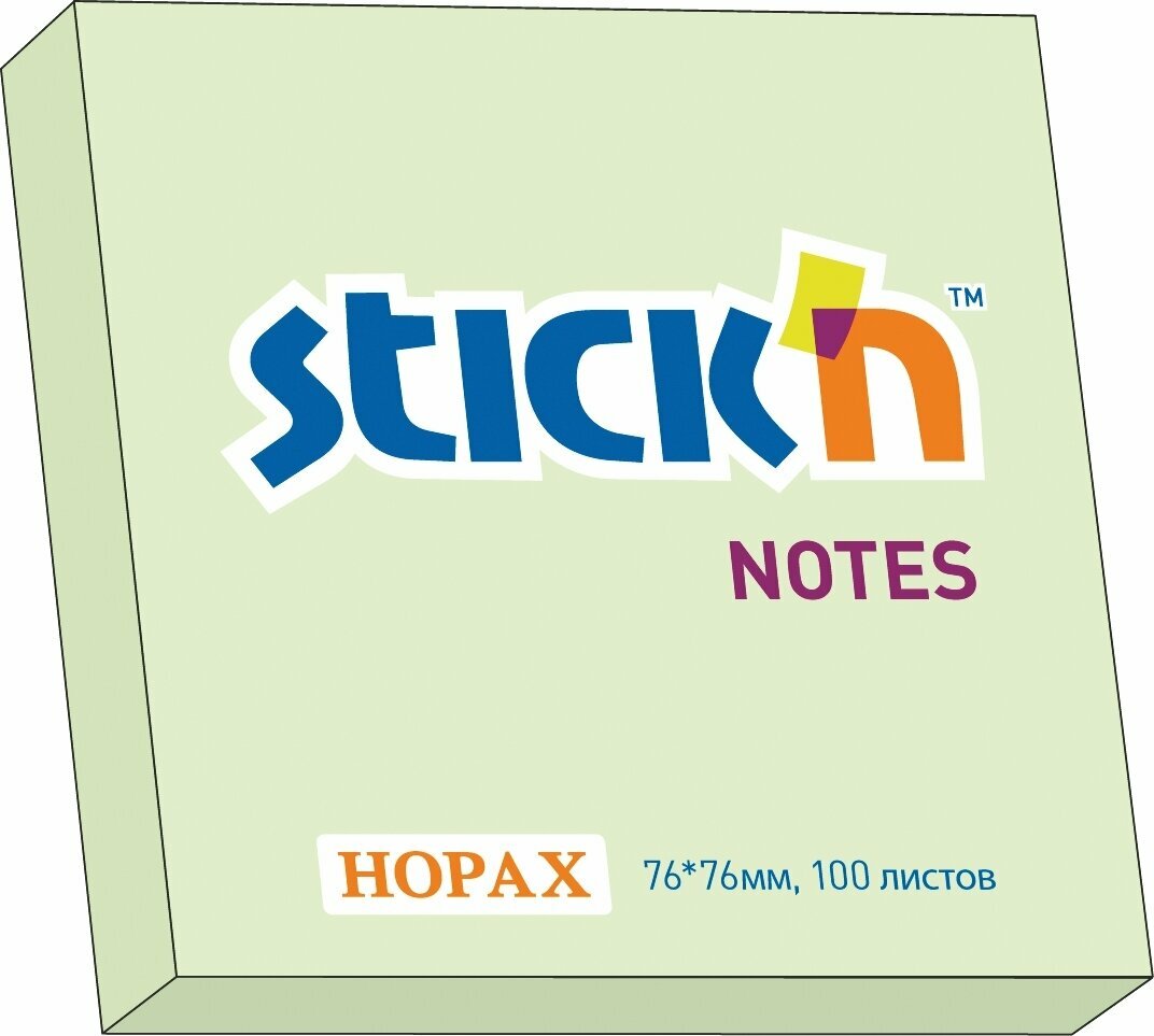 Бумага для заметок с клеевым краем STICK'N HOPAX, 76*76 мм, зеленый, 100 л (в упаковке 12 блоков)