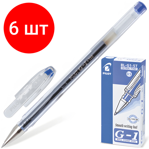 Комплект 6 шт, Ручка гелевая PILOT G-1, синяя, корпус прозрачный, узел 0.5 мм, линия письма 0.3 мм, BL-G1-5T
