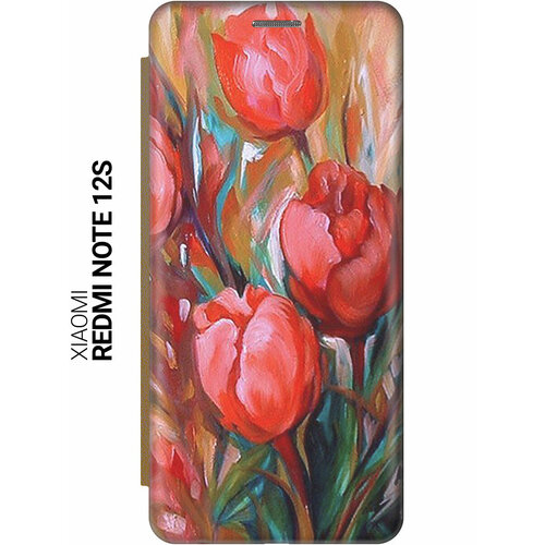 фото Чехол-книжка на xiaomi redmi note 12s / сяоми редми ноут 12с с рисунком "тюльпаны" золотистый slvgo