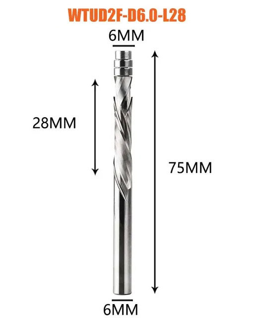 Dreanique кромочная компрессионная фреза по дереву 6мм для ручного фрезера с верхним подшипником (6х28х75x6) WTUD2F-D6.0-L28 11312