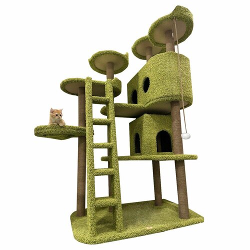 Игровой комплекс для кошек, Моя Котя, гамак, 2 домика и 4 лежанки, "Змей Горыныч", фисташковый ковролин и джутовый канат