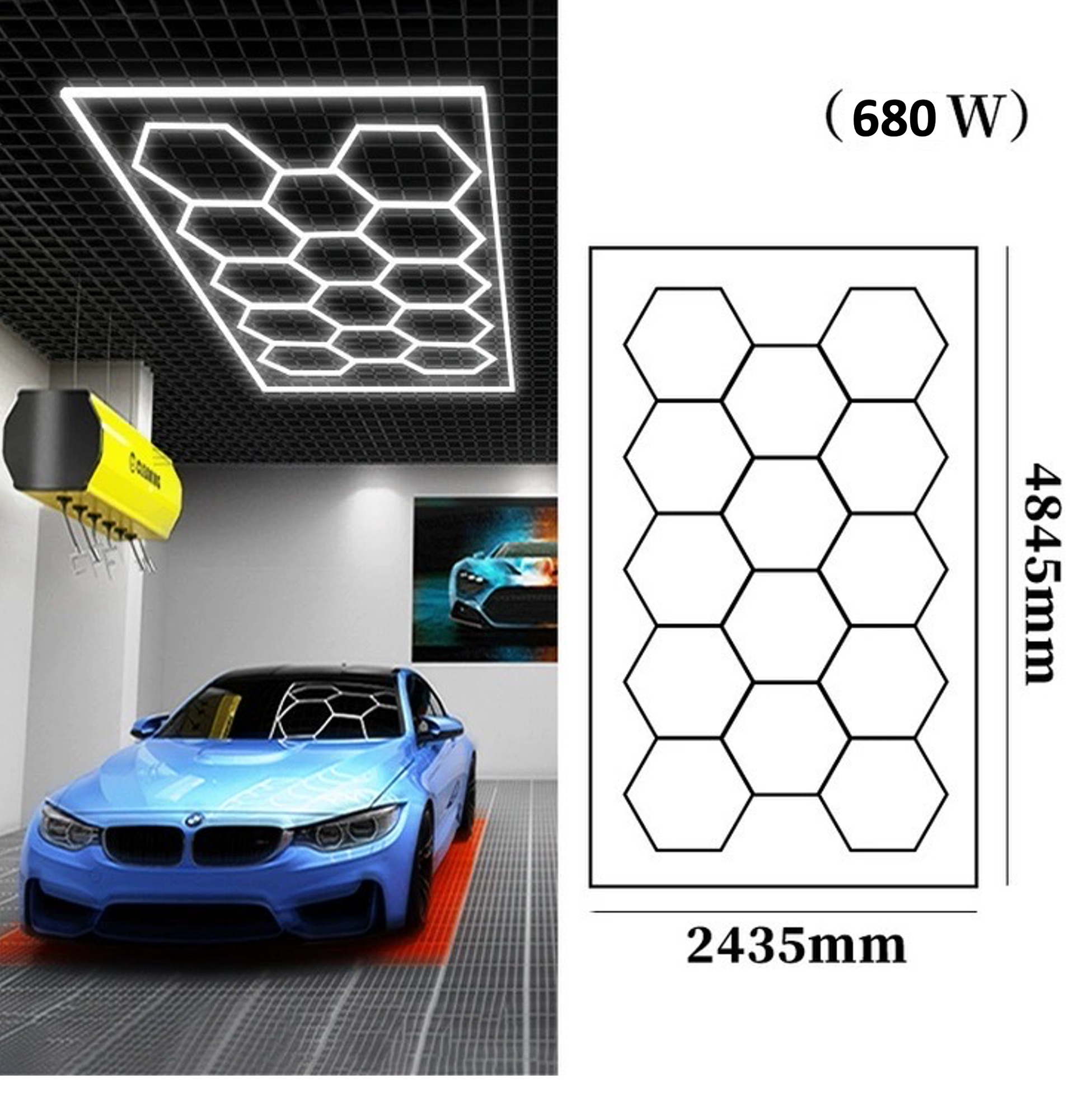 Комплект освещения "соты" 680 Вт от бренда I TREK, свет в гараж, модульное освещение в детейлинг, размеры 2,435х4,845 м