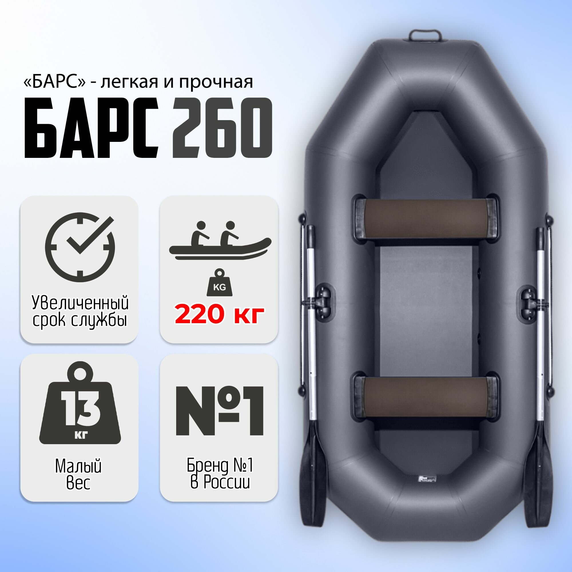 Лодка Гребная Барс-260, 2 отсека, до 220 кг, 2-местная, Сварные швы
